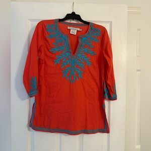 Gretchen Scott Designs Orange Tunic with Turquoise Embroidery